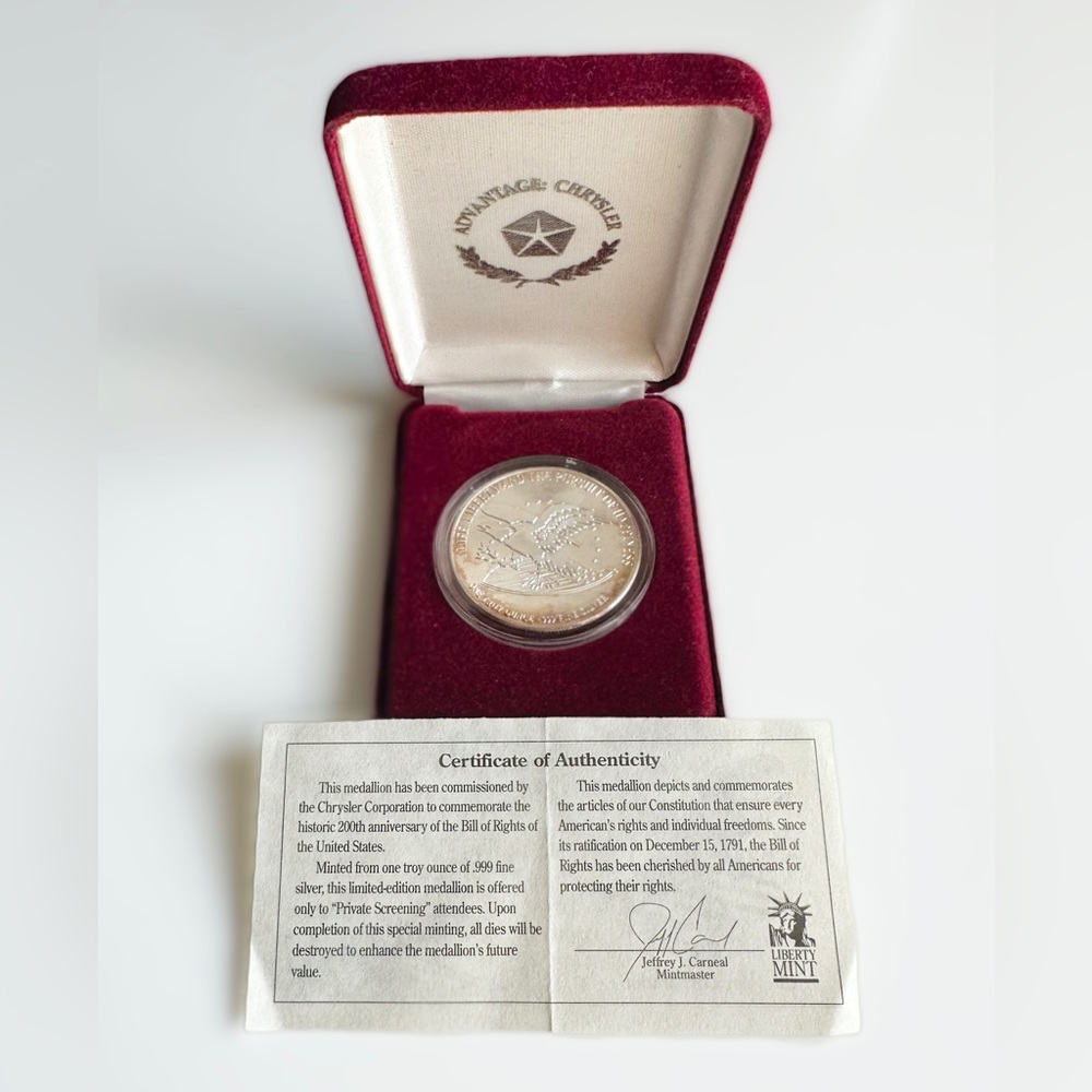 Advantage Chrysler Bill of Rights Silver Coin - Limited Edition 1991